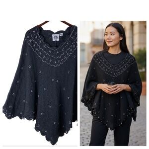 Handknits by Storybook Knits One Size Plus Poncho Sweater Black Beaded Crochet